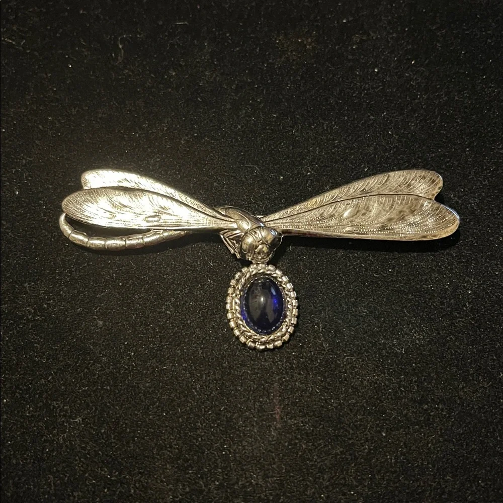 Silver Dragonfly Brooch with Blue Gemstone
